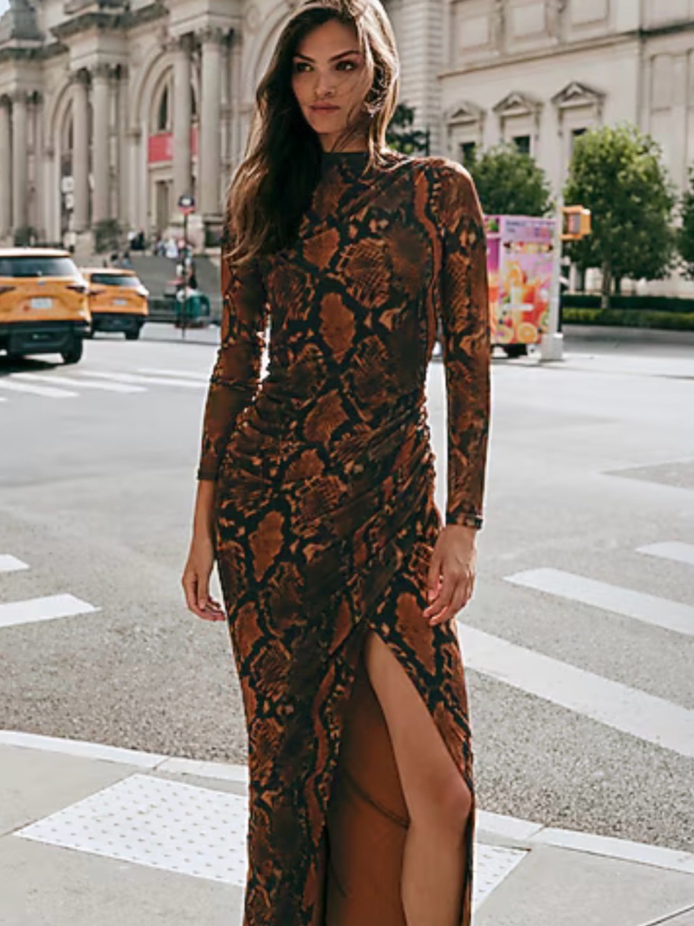 Express Burnt Orange Snakeskin-Print Long Sleeve Maxi Dress with Side Slit